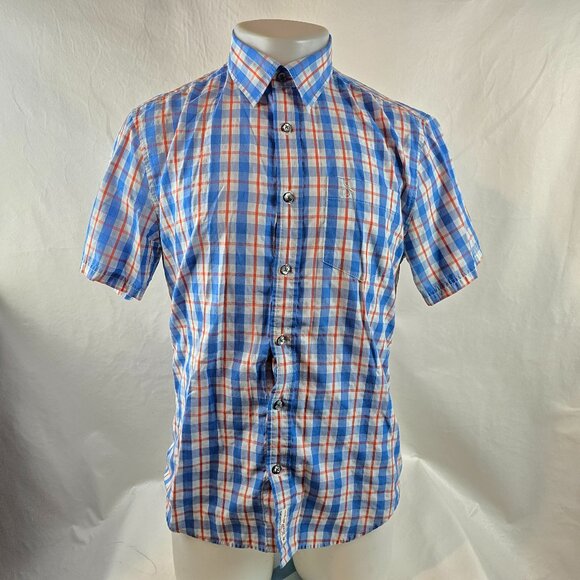 Original Penguin Shirt Mens Medium Blue Button Up Plaid Classic Fit Lightweight - Picture 1 of 7